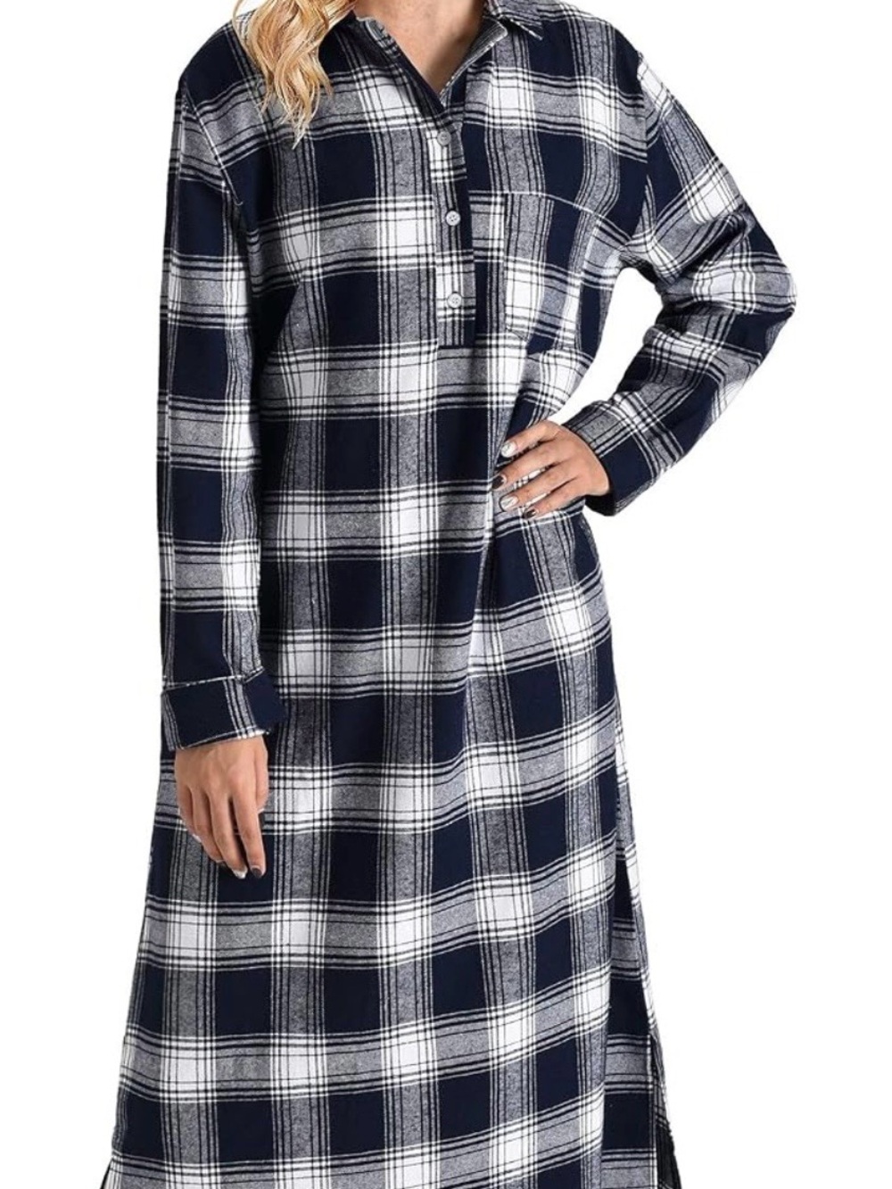 Button-Front Long Plaid Nightgown - Black & White size M